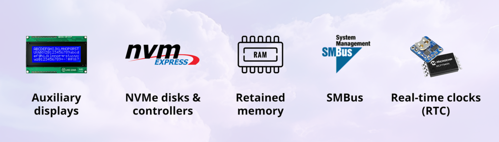 New peripherals supported: Auxiliary displays, NVMe disks & controllers, retained memory, SMBus, Real-time clocks.